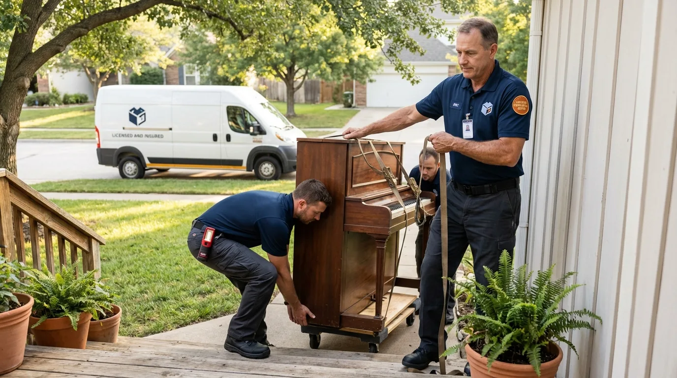 Licensed piano movers securing grand piano in Fairbury, IL
