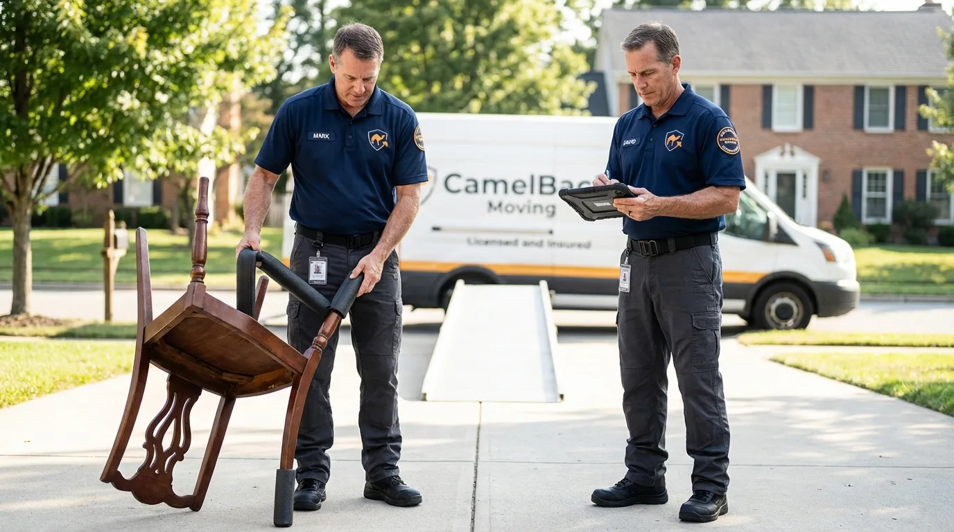 Movers inspecting furniture for damage prevention before loading in Fairbury, IL