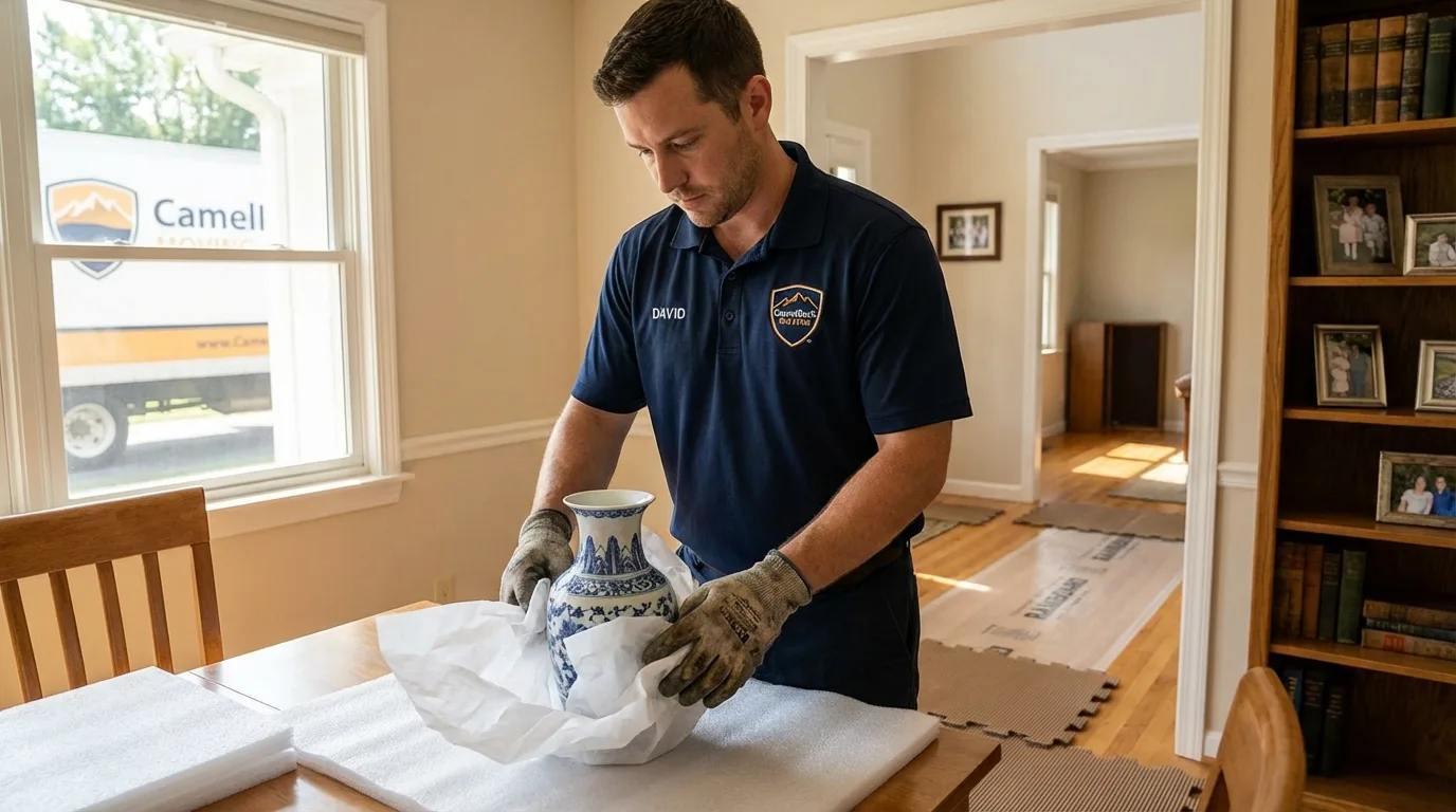 Professional crew carefully wrapping antique vase for senior downsizing move in Fairbury, IL